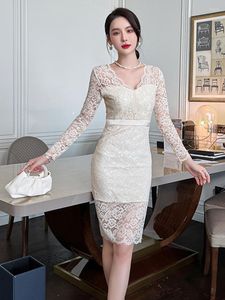 Casual Dresses Elegant For Women Sexy V-Neck Lace Embroidery See Through Midi Club Lady Robe Coffee Break Package Hip Female Dress Slit