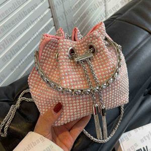 2023 New Women's Fashion Small Handbag Female Drawstring Bucket Bags Shoulder Bag Ladies Bling Diamond Mini Chain Handbag Evening Clutch 0127/23