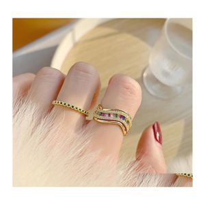 Bröllopsringar Simple Geometric Wave Design Mticolor Cubic Zirconia Fashion Opening Justerbar Knuckle Ring Summer Jewelry Accessorie DHJS5