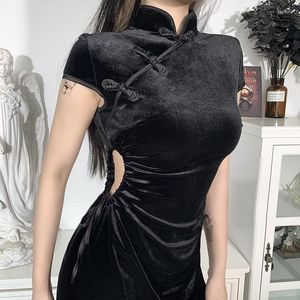 Etniska kläder gotiska cheongsam sommar kinesisk nationell stil vintage smala svarta klänningar sexig ihålig utdelad gaffel nattklubb