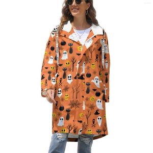 Kvinnors dikerockar skrämmande halloween tjockt roligt spöktryck långt varmt vinterrockmönster eleganta huvjackor stor storlek 5xl 6xl