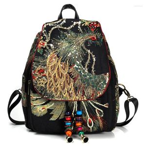 Bolsa escolar mochila feminina bordado étnico pavão lantejoulas florais de lona bordada bolsa de lona saco nacional chinês