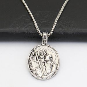 Anhänger Halsketten St.Christopher Halskette Katholische Antike Silber Farbe Jesus Kreuz Link Kette Frauen Männer Religiöse Schmuck GeschenkAnhänger