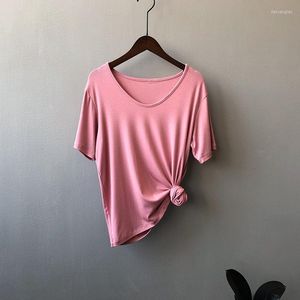 Kvinnors t-skjortor damer rosa sommar t-shirt multicolor modal v-ringning topp kvinnor lösa kort ärm tomt basiska t-shirt flickor avslappnad söt bomull