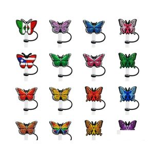 Drinking Straws Butterfly Pattern Soft Sile St Toppers Pvc Accessories Charms Reusable Splash Proof Dust Plug Decorative 8M Homefavor Dhlzv