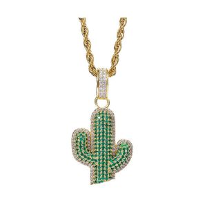 Pendant Necklaces Green Crystal Cactus Necklace For Women Men Gold Clavicle Chain Female Party Jewelry Gift Drop Delivery Pendants Otgev