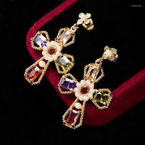 Dingle örhängen ljuskrona Big Cross Pearl Earring Gold Color Zircon for Women 2023 Fashion Jewelry Gift Drop Earings Dangle Kirs22