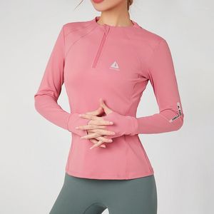 Active Shirts Autumn Women Sport Zipper Collar Yoga Shirt Long Sleeve Thumb Hole Running T-shirt Mesh Breathable Gym Workout Top Female