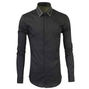 Camisas casuais masculinas metal rebites ouro e prata preto camisa moda moda masculino turn rollar colar com mangas compridas