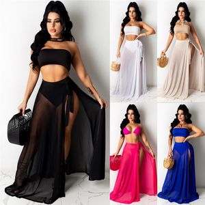 Spódnice Kobiety High Talle Mesh 2023 Summer See Through Sheer Bandage Split Solid Transparent Lace Maxi Long