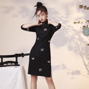 Etniska kläder 2023 Autumn Chinese Style Young Improved Cheongsam Fashion Girls Black Butterfly Appliques Sequin Dress Qipao