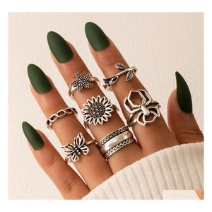 Cluster Rings 7Pcs/Sets Vintage Sier Color Butterfly Spider Joint Ring Sets For Women Pretty Flowers Starfish Jewelry Drop Delivery Dhbpb