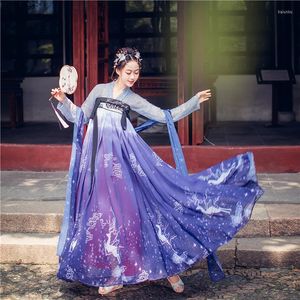 ステージウェアオリエンタルダンスコスチュームブルー印刷hanfu女性歌手妖精ドレスフォークフェスティバル衣装レイブパフォーマンス服dc4684