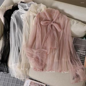 Kvinnors blusar 2023 Summer Kvinnor Flare Sleeve Bandage Strap Basic Lace Bow Shirt Lady Elastic Slim Mesh Gaza Organza Pullover Chic Blouse