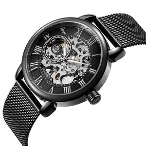 Relógios de pulso mg.orkina.mg Moda Skeleton Mens Watches Black Mesh Band Automatic Mechanical for Men Casual Relloj Hombrewristwatches