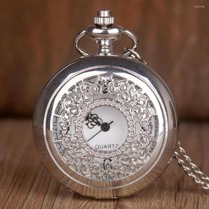 Pocket Watches Hollow Silver Flowers Arabic Numerals Quartz Watch Necklace Chain Pendant Women Men Fob Clock