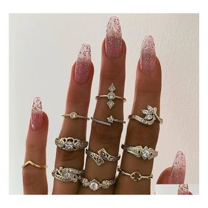 Band Rings Fashion Jewelry Knuckle Ring Set Hollow Out Rhinstone Flower Stacking 11Pcs/Set Drop Delivery Dhimc