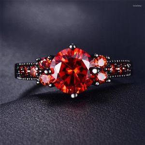 Wedding Rings Simple Fashion Round Red Zircon Engagement For Women Dainty Jewelry Vintage Black Gold CZ Stone Ring Joker