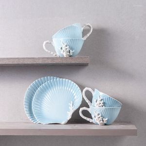 Cups Saucers 2023 200ml Blue Ocean Style Hand-painted Ceramic Three-dimensional Embossed Coral Coffee Cup Tea And Saucer