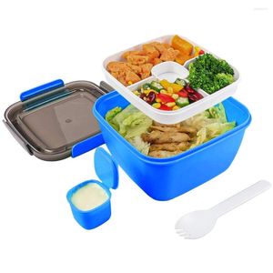 Dinnerware Sets Portable Lunch Box For Container Silicone Bowl With Removable 4-Compartment Tray And Sauce