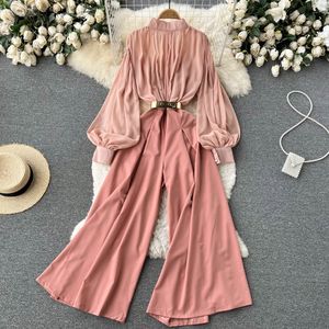 Spring Autumn Women Jumps Suites Stand Collar Puff Sleeve Levesuits Office Lady Empire Slim Jumpsuits Longe Large Perguas