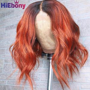 HiEbony Remy Human Hair Lace Front Wig Preplucked Ombre Wave 180% Density 13x4 Glueless Wigs Middle Part