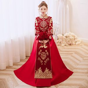 Etnik Giyim Büyük Boyut 3xl Çiçek Nakış Gelinlik Zarif Cheongsam Çin tarzı evlilik seti oryantal gelin kostüm qipao