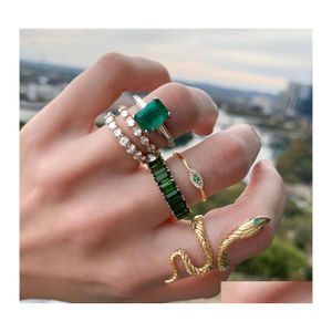 Band Rings Fashion Jewelry Retro Knuckle Ring Set Green Rhinstone Snake Evil Eye 6Pcs/Set Drop Delivery Dhkjv