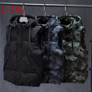 Men's Vests Winter Men Plus Large Size L-7xl Vest Hat Detachable Camouflage Sleeveless Jackets Warm Parka For Unisex Waistcoat UnloadingMen'