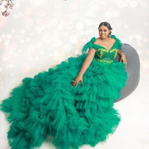Casual jurken Pretty Green Tiered Tule Bridal Extra Puffy Prom -jurken met glanzende kanten kristal kralendecoratie formele jurk