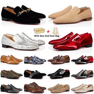 Authentic Red Bottoms Dress Shoes for Mens Genuine Patent Leather Pointed Toe Rivets Platform Low Cut Sneakers Men Luxury Office Bottom Loafers With Box