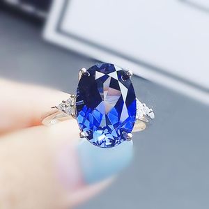 Anelli a grappolo Anello con zaffiro blu per gioielli Argento sterling 925 10 14mm 7,3 ct Grande pietra preziosa Belle donne J2120813