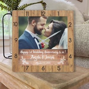 Wall Clocks Personalized Po Frame Clock Wedding Anniversary Customized Elegant With Text Wood Texture Collage ClockWall