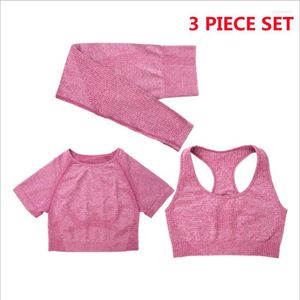 Aktive Sets 3 Stück Set Nahtlose Frauen Yoga Anzüge Bh Kurzarm Hosen Fitness Gym Sportswear Laufen Kleidung Femme