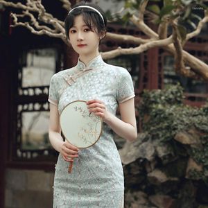 Ethnic Clothing Chinese Traditional Woman Green Lace Cheongsam Retro Elegant Short Sleeve Qipao Vintage Slim High Split Dresses For Female