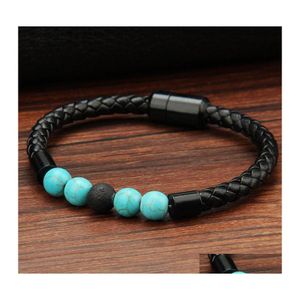 Charm Bracelets Mens Genuine Leather Lava Rock Bead Brackets For Women Natural Turquoise Essential Oil Diffuser Stone Magnetic Buckl Otsp2