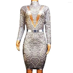 Stage Wear Sparkling Sequins Rhinestones Pearl Knee-Length Dress Pattern Printing Long Sleeve Dance Costume Nightclub Show Women