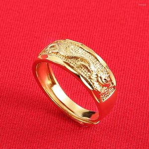 結婚指輪彫刻された中国のドラゴン銅リングバンド男性のための女性女性ワイドファッションゴールドジュエリー