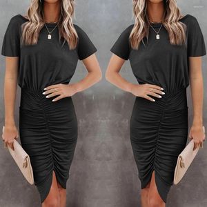 Party Dresses Solid Black Knee Length Office Dress Fashion Women Short Sleeve Summer Round Neck Pleated Elegant Ladies Pencil D30