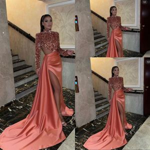 2023 Sequined Prom Evening Dresses Orange Sexig High Neck Side Split Backless Hollow Out Blingbling Sequins LongeeLeses Formal Eccase Party Gowns Cutaway Sidesid
