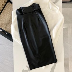 Kjolar Dam Läder Pennskjol Hög midja Knappar Slim Fit Bodycon Knälång PU Office Lady Elegant Black