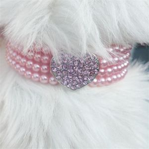 Dog Collars Small Animals Puppy Necklace Collar Pearl With Shiny Rhinestone Heart Shape Pendant Cat Jewellery Soft Pet Supplies
