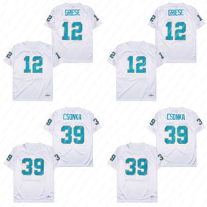 Футбольные майки 39 Larry Csonka Jersey 12 Bob Griese, белые, сшитые