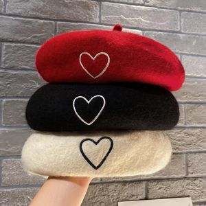 Berets Love Embroidery Autumn And Winter Beret Female Fashion Solid Color Versatile Artist Hat Bud