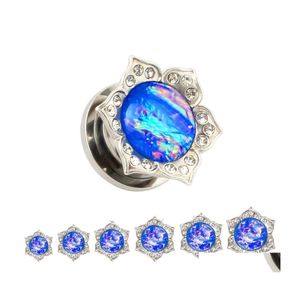 Plugues túneis 6pcs/conjunto mistura colorida fogueira de pedra opala orelha de flor azul túnel de cristal de cristal de aço cirúrgico expansor 2233 gota de dhoxe