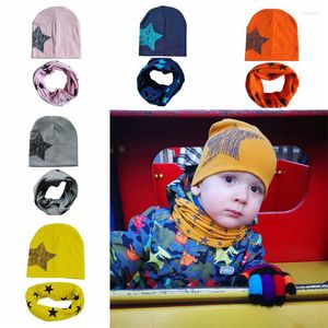 Berets 2Pcs/Set Winter Baby Hat Scarf Children Girl Boys Star Print Cotton Cap Beanie O Ring Collar Autumn Warm Kids Scarves Caps