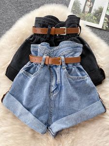 Women's Shorts YuooMuoo Summer High Waist Denim With Belt Korean Fashion Y2K Crimping Black Blue Jeans Pants