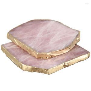 Table Mats 2Pcs Agate Slice Pink Teacup Tray Decorative Design Stone Gold Edges Home Decor Gemstone Natural C