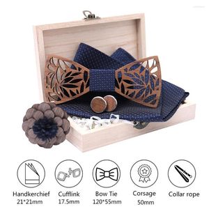 Bow Ties Wooden Tie Handkerchief Set Men's Plaid Bowtie Wood Hollow Carved Cut Out Floral Design With Box Fashion Men