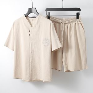 Klassisk modetrend lyxig fritidslinne män tees sätter v halskjorta tshirts vintage för plus size m-9xl kinesisk stil tvådelar kostym